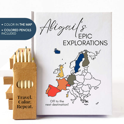 Custom travel journal with european map on the cover for coloring in. Hardback, handbound book, custom text, with colored pencils.