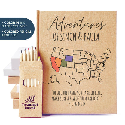 Custom travel journal for couples with personalized map, text and quote on the cover. Colored pencils included.