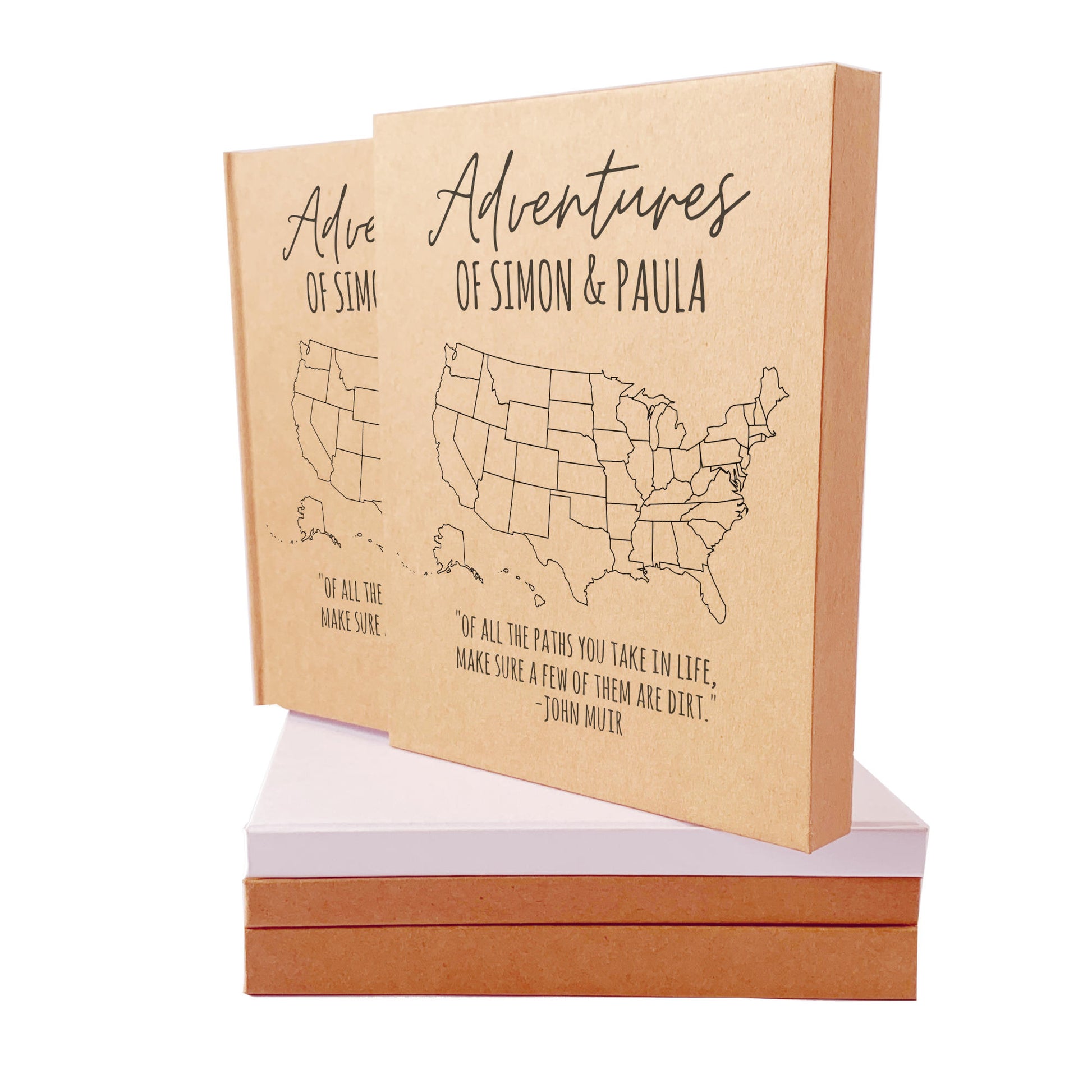 Personalized travel journal for couples in a slip case. Cover is customized with preferred travel map and text.