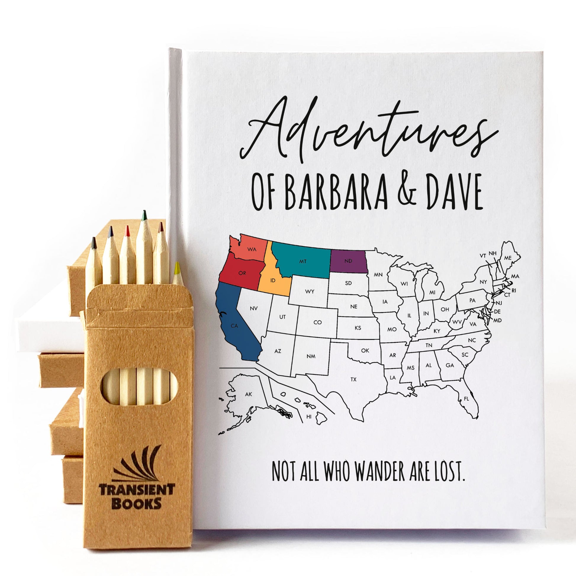 Travel journal for couples customized with preferred map and text on cover. Colored pencils included.