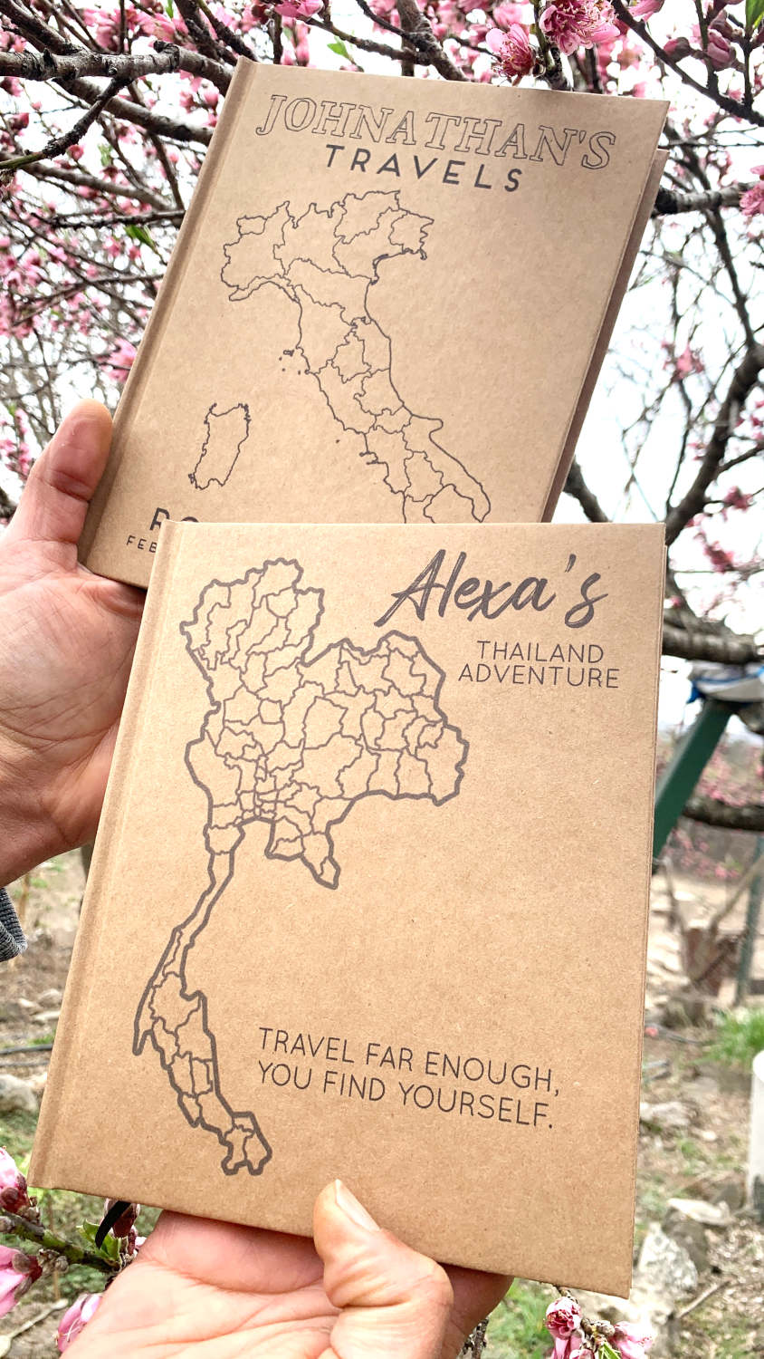 Personalized world travel journals with travel maps of Thailand and Italy and custom text. Hardback, hand crafted.
