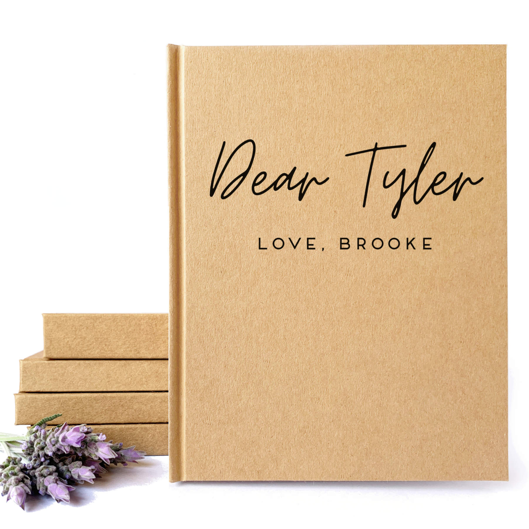 Hand bound journal for boyfriend or husband, personalized with their names on the cover. Kraft cover paper, hardback. Ideal Valentine's Day Gift for Him.