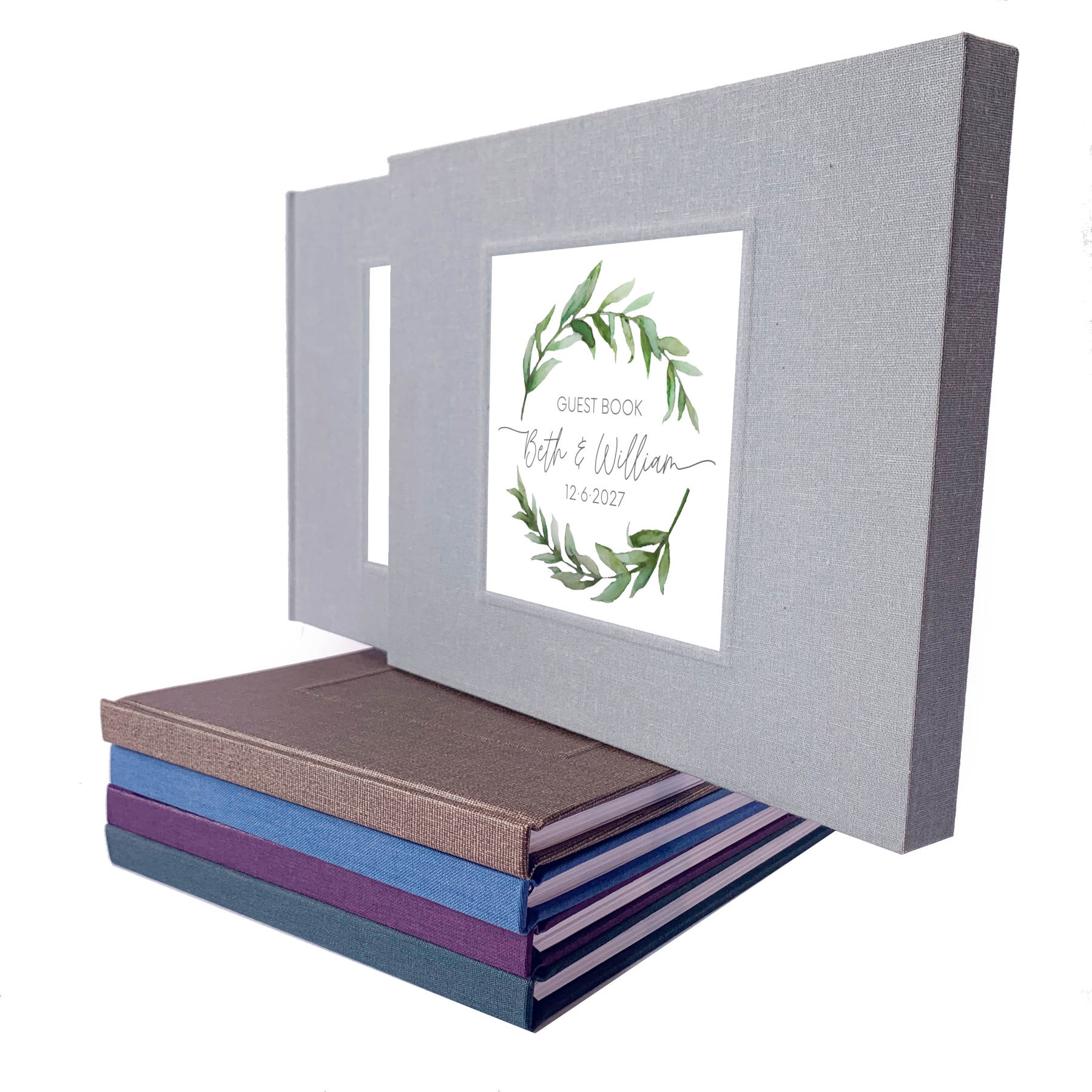 Gray linen wedding guest book with a watercolor wreath design, housed in a matching book slipcase.