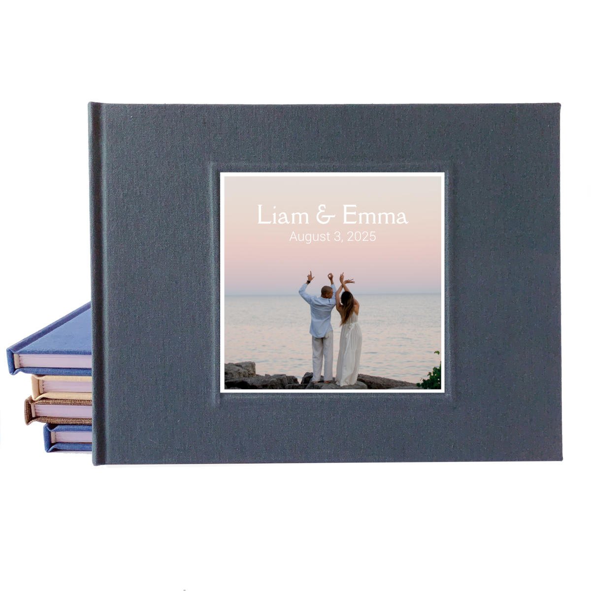 Wedding guest book featuring a personalized photo cover, custom hardcover keepsake for capturing messages and memories.
