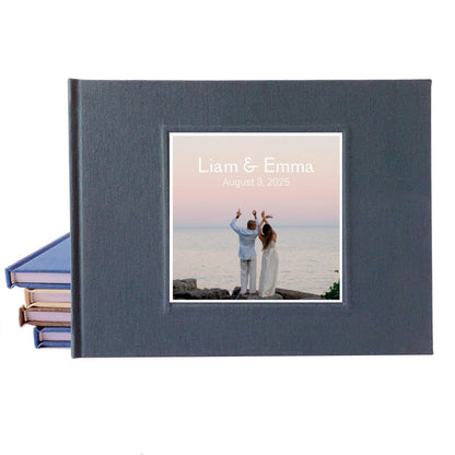 Wedding guest book featuring a personalized photo cover, custom hardcover keepsake for capturing messages and memories.
