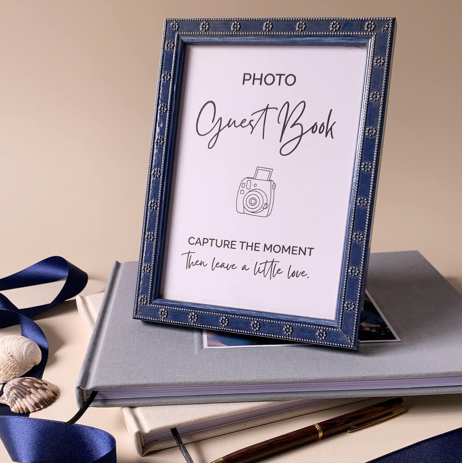 Elegant custom wedding table sign to invite guests to sign guest books. 