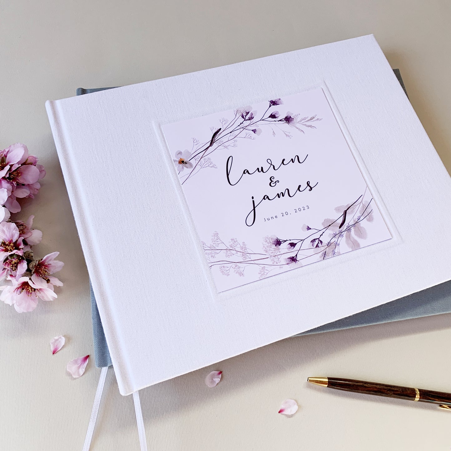 Custom Wedding Guest Book · Floral Bouquet · White Linen & Botanical Plum