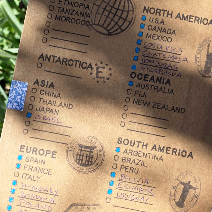 World Travel Checklist with vintage stamps and some countries checked off.