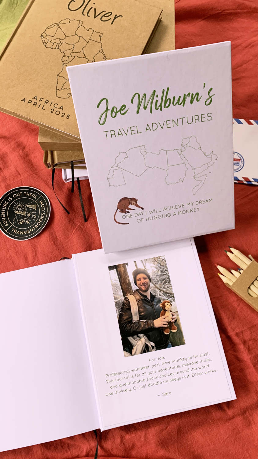 Personalized travel journal with photo and monkeys, ready for international travel. White cover personalized text hardback, made to order.