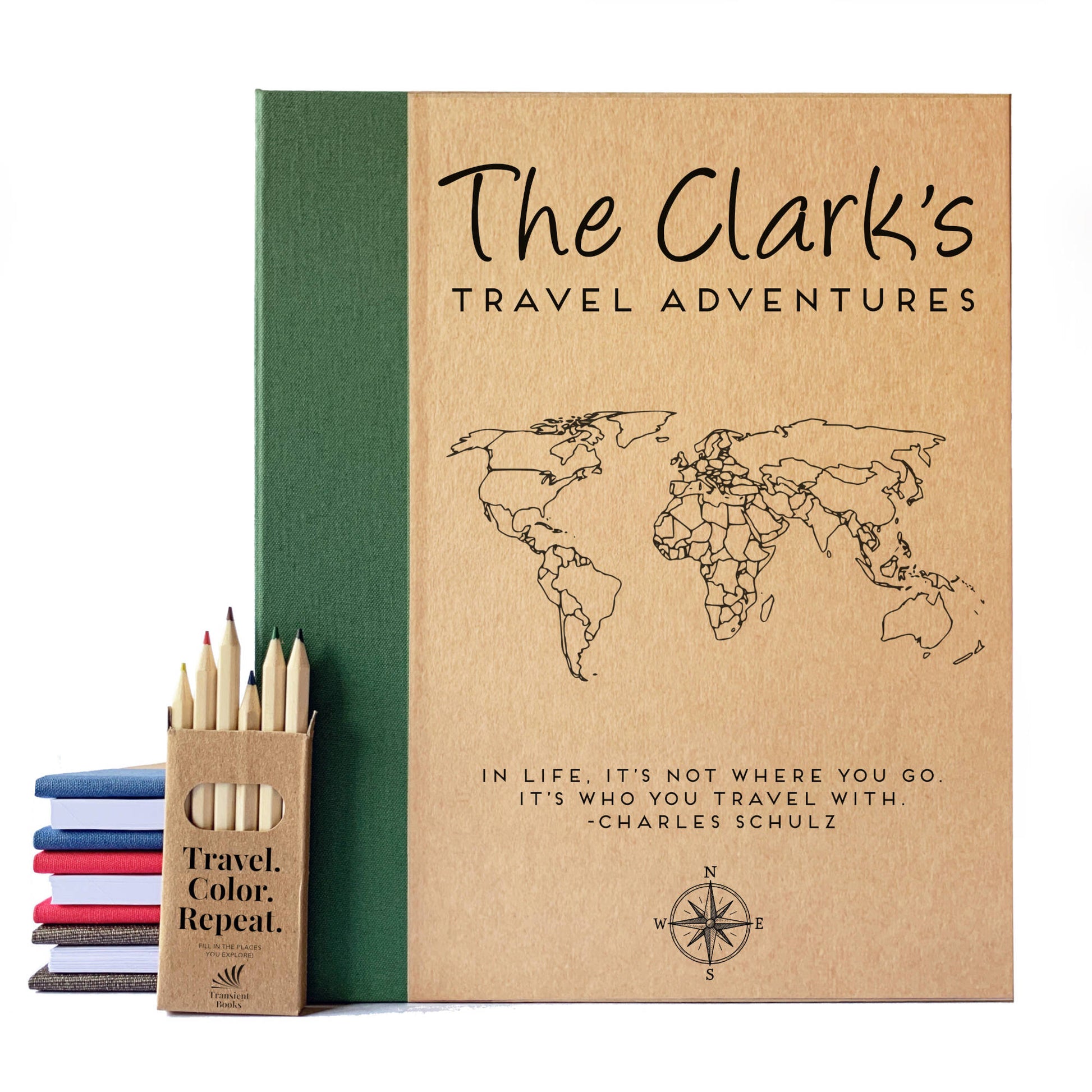 Personalized travel scrapbook for World travel. Custom text, map and compass on the cover. Colored pencils included. Removable pages.